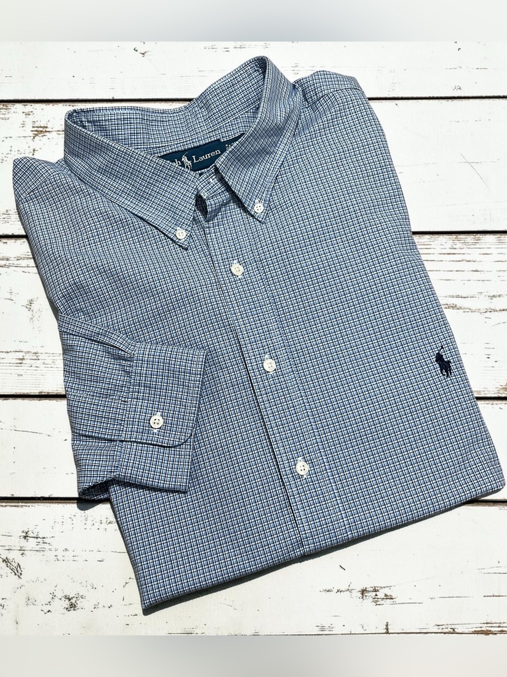 Ralph Lauren Classic Fit Shirt 3XLT Tall Blue Check Navy Pony LS Preppy Heritage
